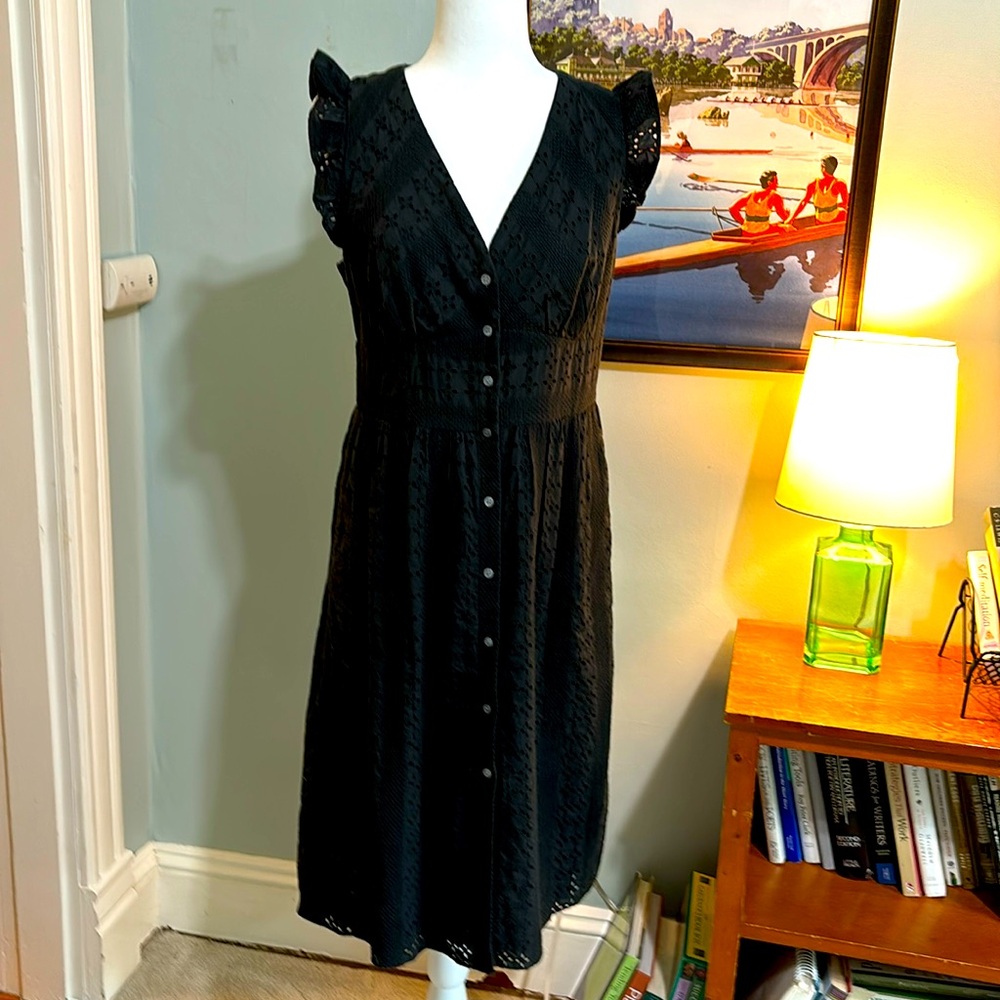 J Crew ruffle sleeve eyelet black dress.  Size 12. Fully lined 100% cotton H7701